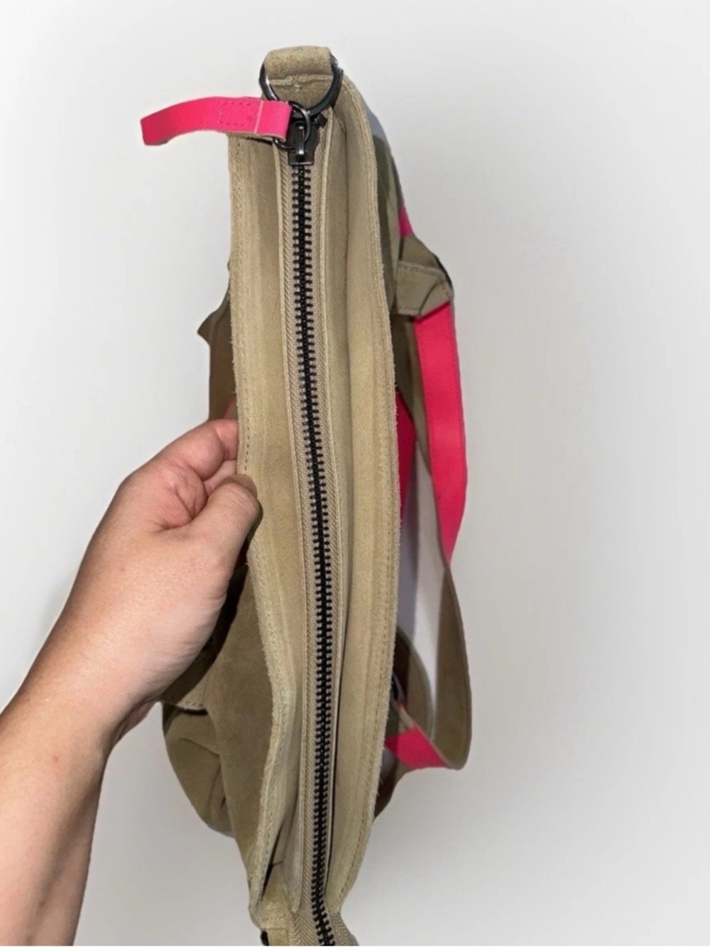 Hunter Suede & Leather Tote Bag Tan Pink Neon Trim Shoulder Bag Zip Pocket - Picture 12 of 13